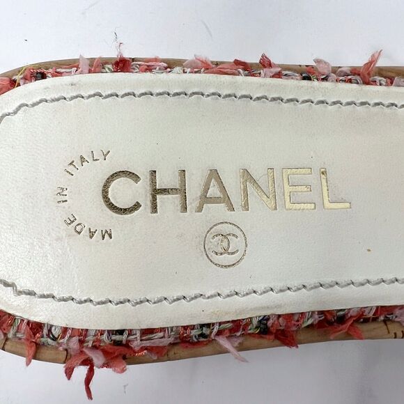 Chanel Logo Tweed Cork Slide Sandals 38.5 Coral CR21 Cruise 2021 - Picture 6 of 11